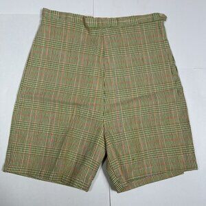 Vtg HandMade 70s Women Plaid Shorts Green Orange Woven Bermuda Retro High Rise S